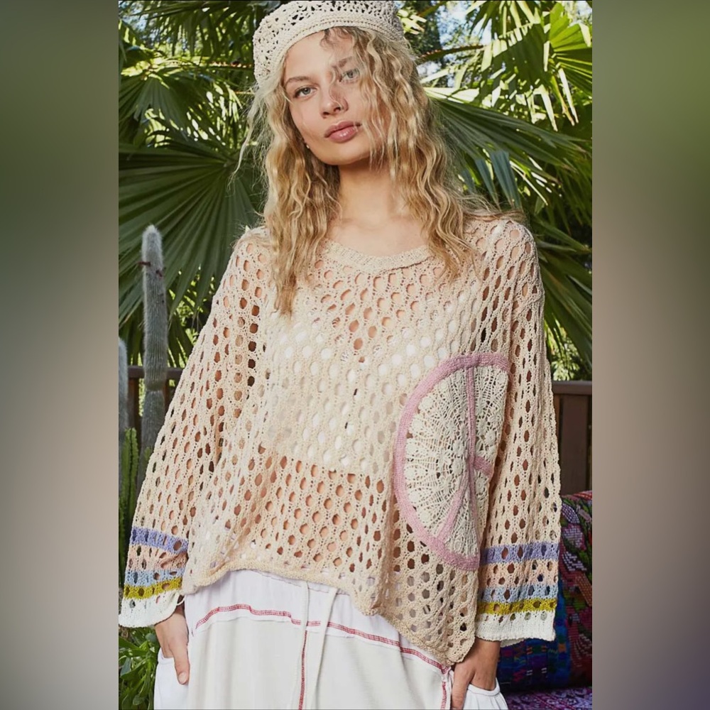POL Open-Knit V-Neck Sweater in Beige with Pink and Blue Accents - Picture 6 of 11
